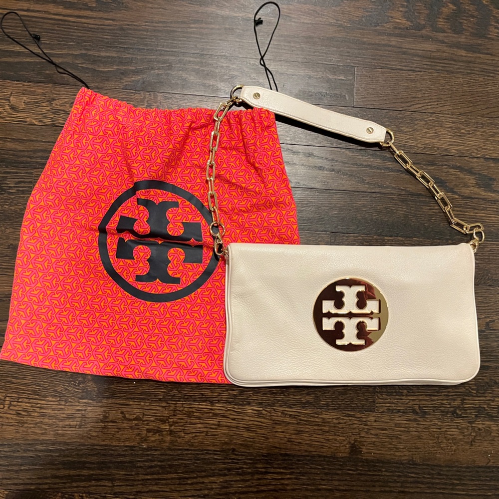 Tory Burch Ivory Clutch with Gold Accents